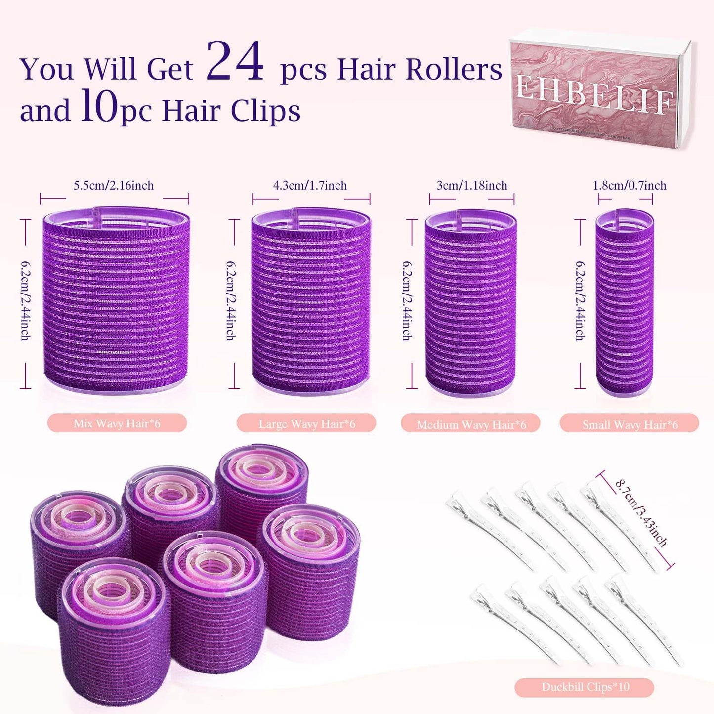 EHBELIF Jumbo Hair Rollers Set with Clips 34Pcs Rollers Hair Curlers Blowout Look Hair Roller (Purple)
