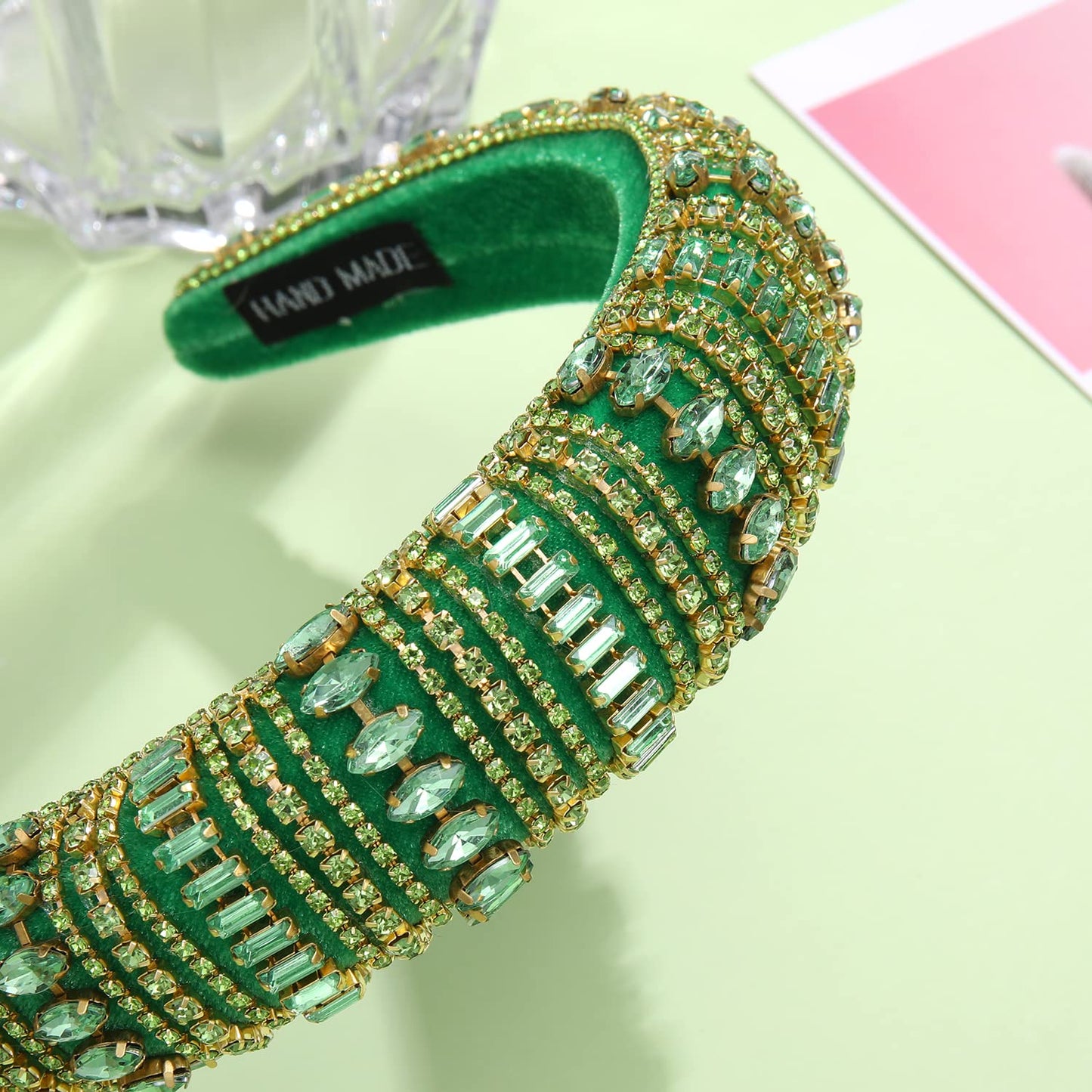 CEALXHENY Crystal Rhinestone Padded Headbands for Women Rainbow Crystal Embellished Hairbands Sparkling Bejewelled Velvet Headbands Wide Hair Hoop for Girls Party Hair Accessory Holiday Gifts (Green)