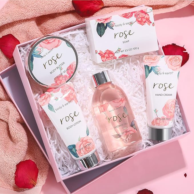 Bath and Body Gift Set for Women, Body & Earth 5 Pcs Rose Spa Gifts for Women, Self Care Kit, Lotion Set for Her,Mothers Day Presents for Mom