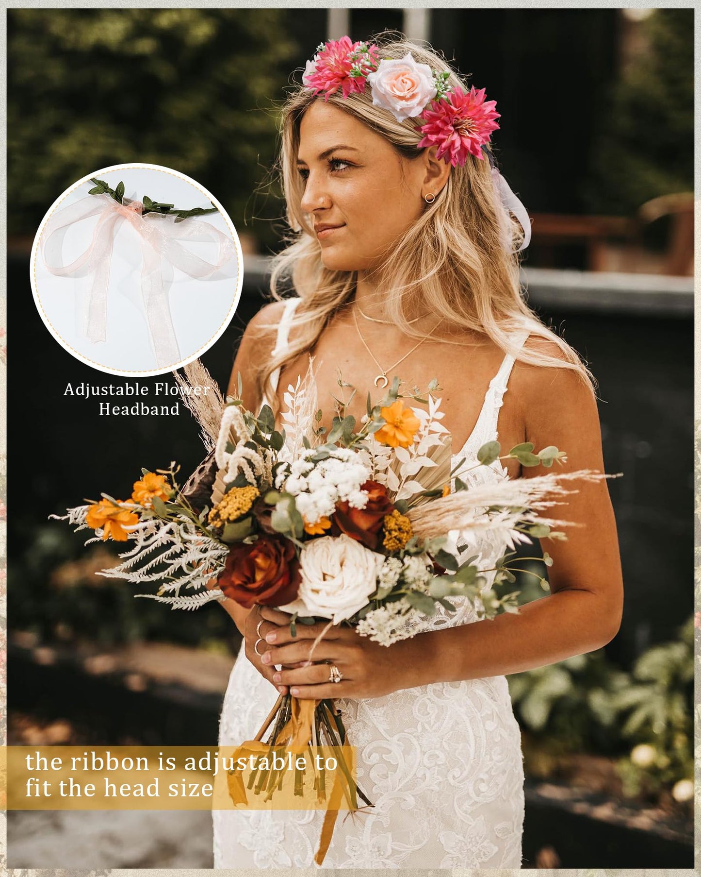 CHLINS Flower Crown Bridal Flower Headbands for Women Bohemian Floral Crown with Ribbon Hair Wreath Floral Headpiece for Wedding Birthday Party Fairy Crown (Champagne + Orange)