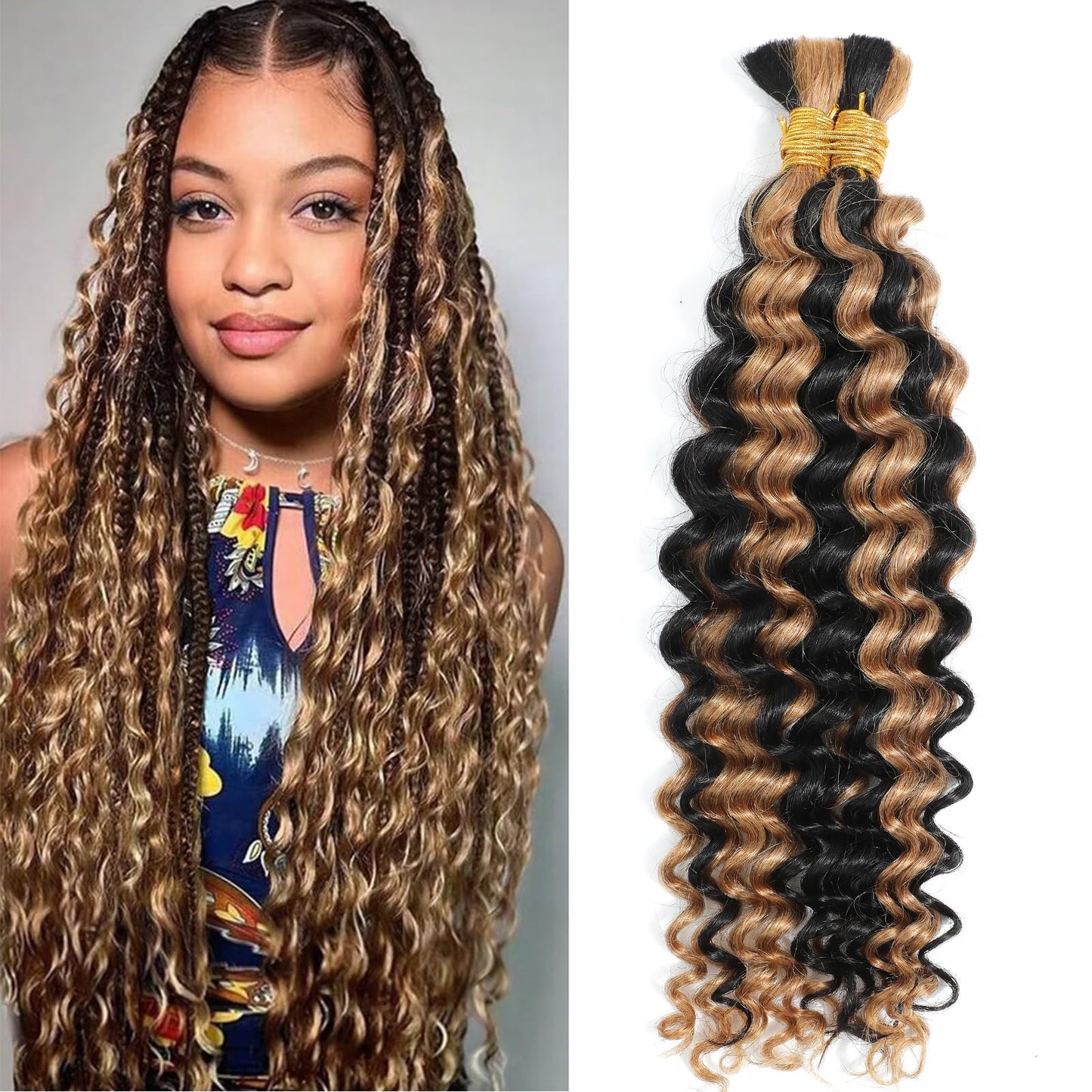 Human Braiding Hair Bulk Human Hair for Braiding No Weft Curly Braiding Hair 2 Bundle 100G Deep Wave Human Braiding Hair for Boho Braids Blonde Highlight Human Hair Braiding Hair,24inch P1b/27#