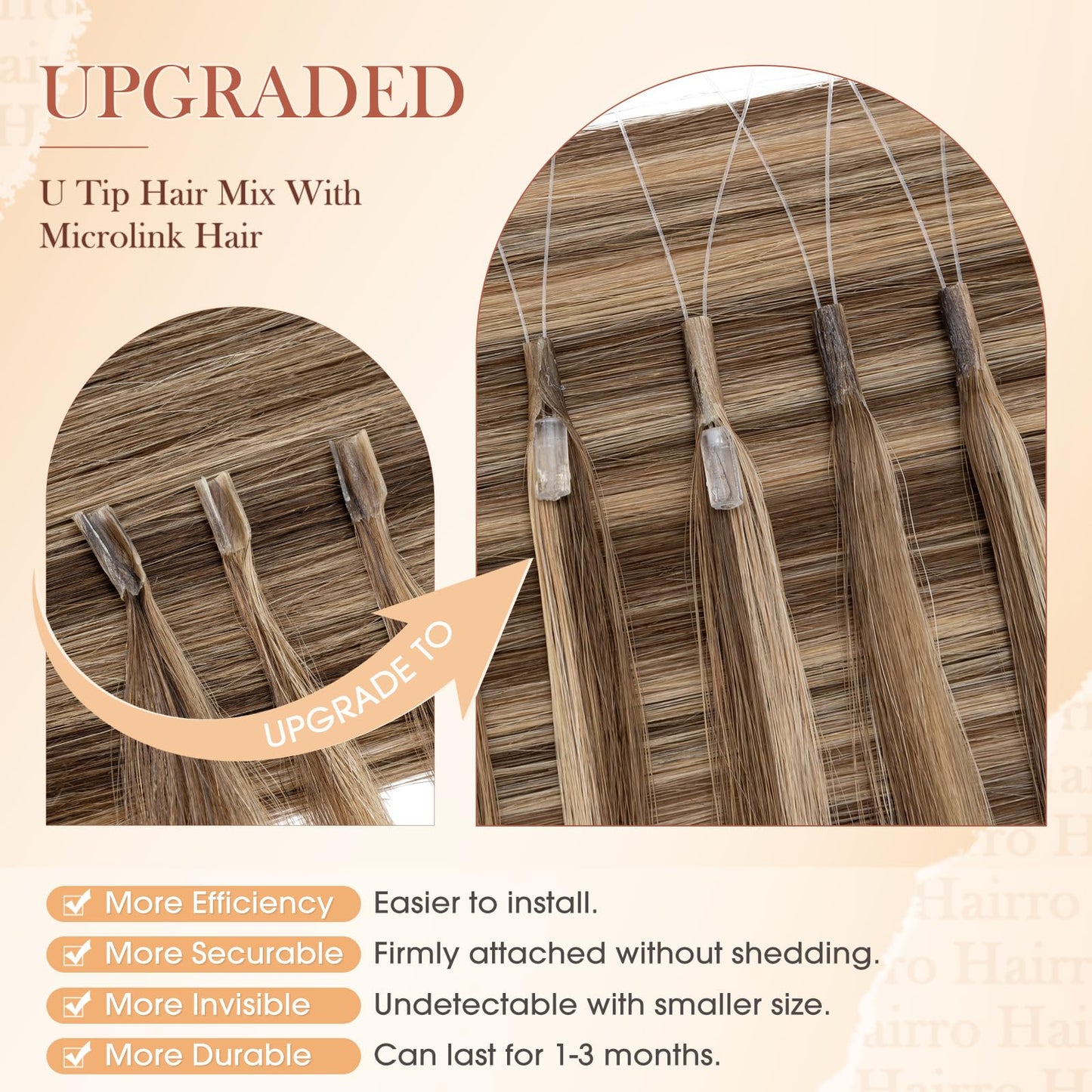 Hairro U Tip Human Hair Extensions Micro Ring Keratin Glue U-tip Hot Fusion Remy Hair Balayage Highlight Color 20 inch 50g 50 Strands #4YP27 Medium Brown Mixed with Dark Blonde