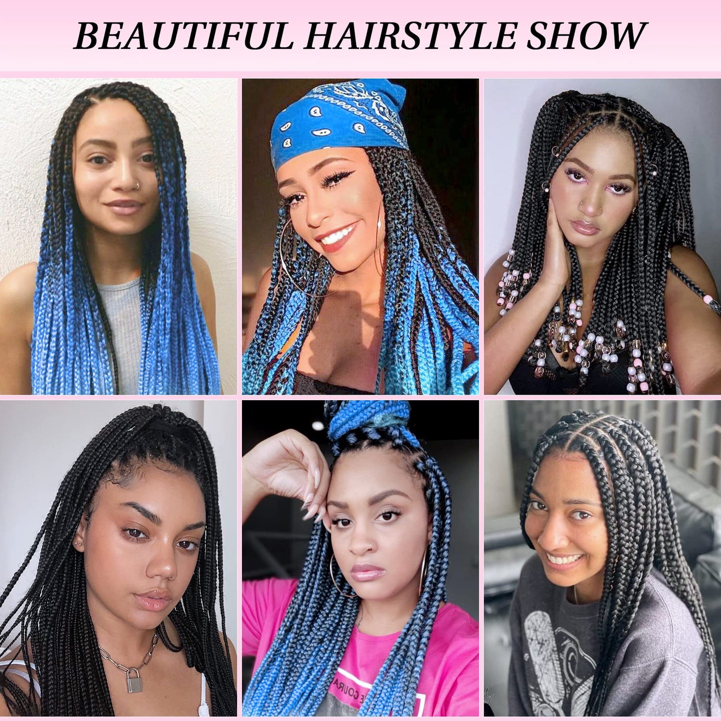 Kalyss 24" Lace Front Braided Wig Short Box Braid Wigs for Black Women Square Knotless Braided Wigs with Baby Hair Human Hair Blended Ombre Dark Blue and Pastel Sky Blue Braids Wig