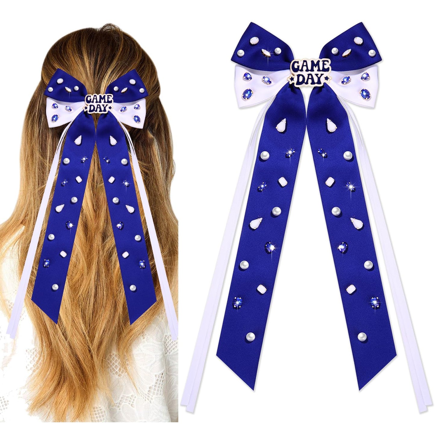 Game Day Hair Bows Accessories for Women Jeweled Football Hair Bow Clips Large Hair Ribbons Blue Spirit Day Accessories Game Day Outfits Sports Team Spirit Football Mom Accessories Gifts (Pattern B3)