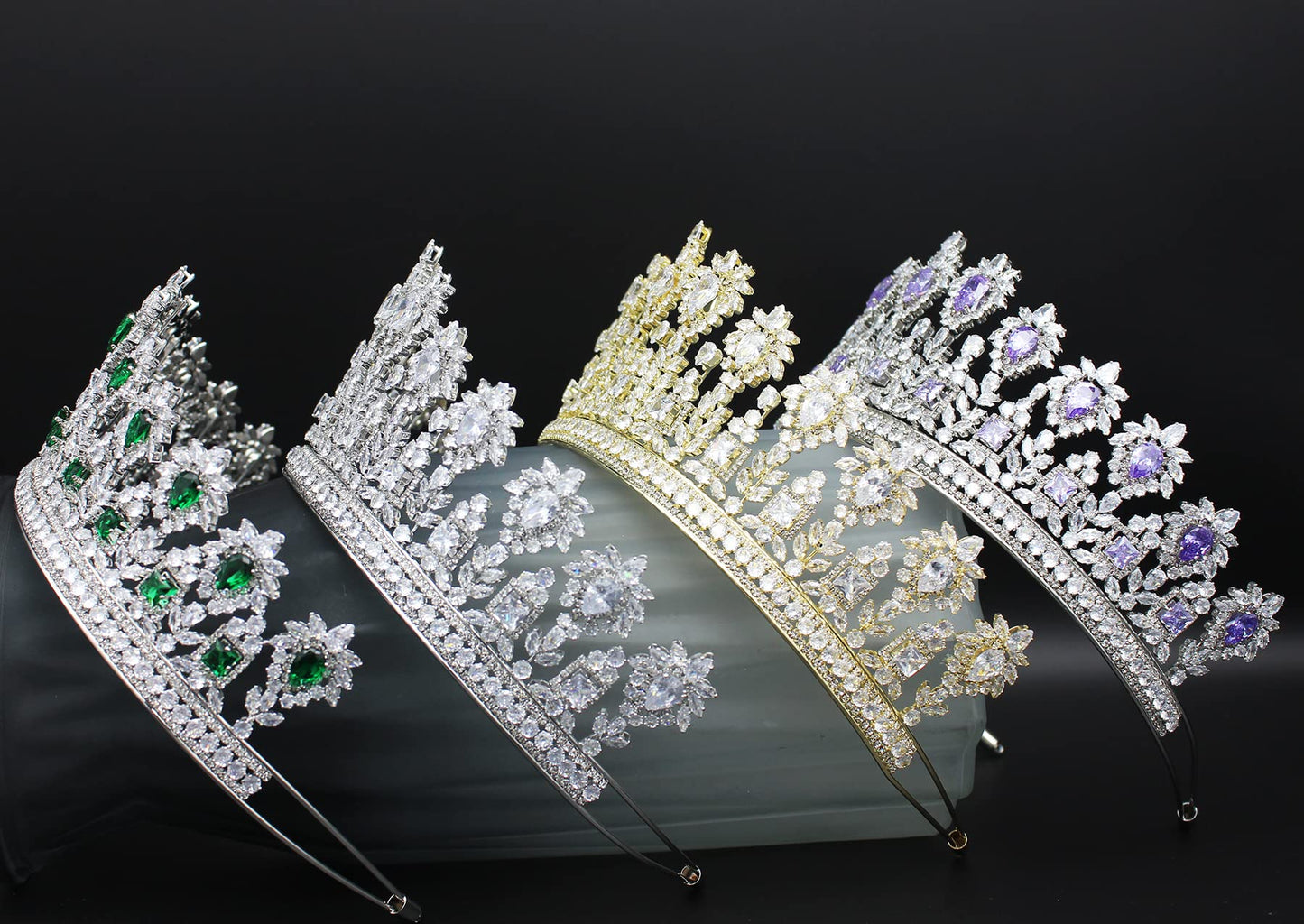 QXMYOO Luxury 5A CZ Wedding Tiaras and Crowns for Women Handmade Cubic Zirconia Large Bridal Headpiece Prom Birthday Queen Hair Accessories Zircon Headwear (Green)