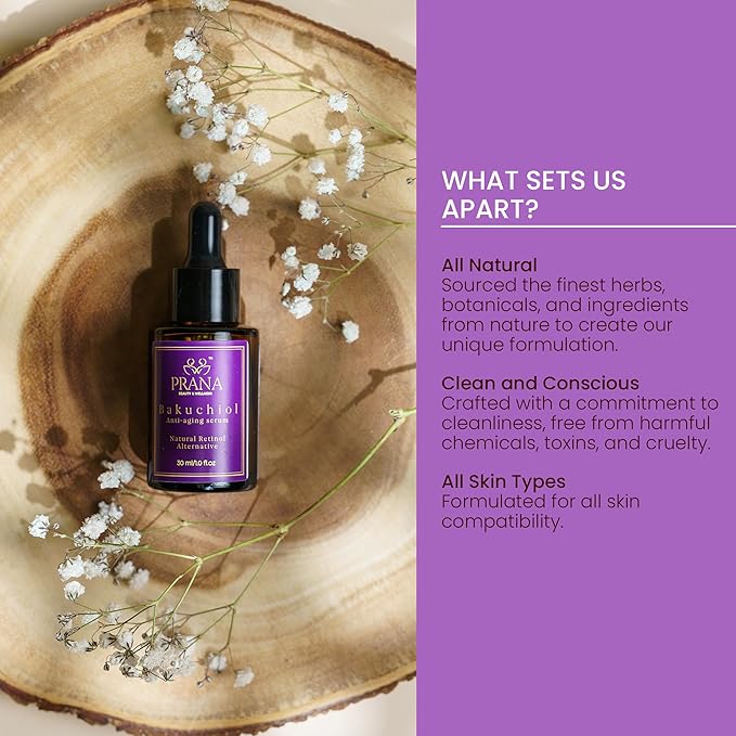 PRANA Bakuchiol Anti-Aging Serum – Ayurvedic Retinol Alternative with Squalane & Jojoba – Hydrating Serum for Wrinkles, Fine Lines & Radiant Skin – Fragrance-Free & 100% Vegan – 30ml