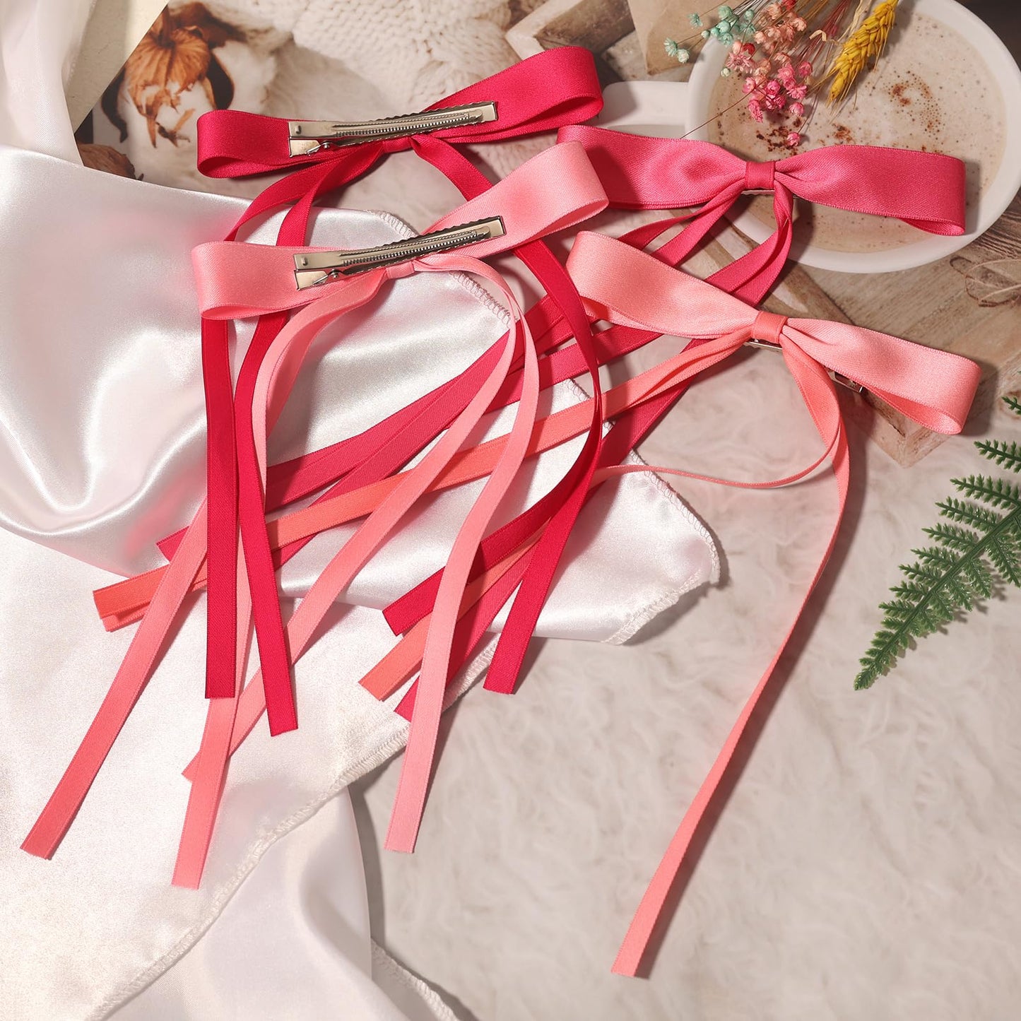 LFOUVRE Hair Accessories, Pink Ribbon Bows with Long Tassels for Hair, Hair Clips for Women and Girls, 4pcs
