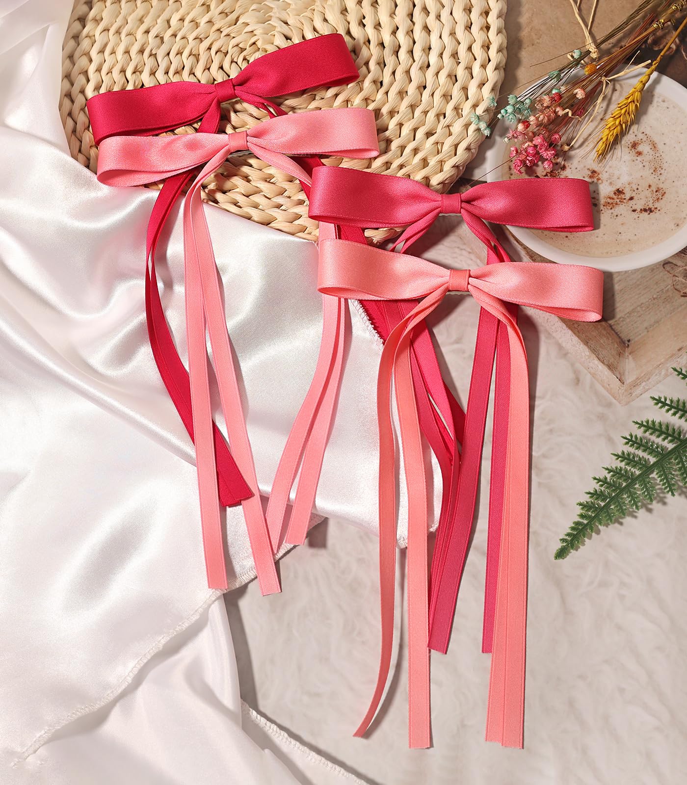 LFOUVRE Hair Accessories, Pink Ribbon Bows with Long Tassels for Hair, Hair Clips for Women and Girls, 4pcs
