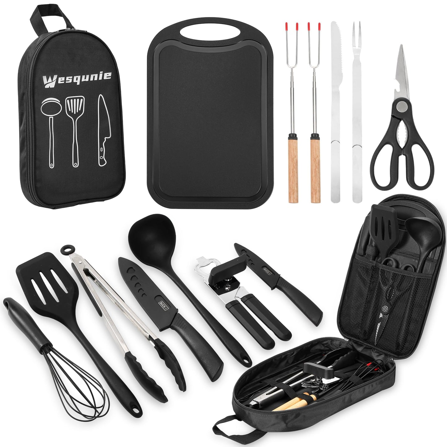 Camping Essentials Cookware Cooking Utensils Set - Portable Camp Kitchen Mess Kit Outdoor Accessories, Stainless Steel & Silicone, Camping Gear Equipment for RV Picnic Grill
