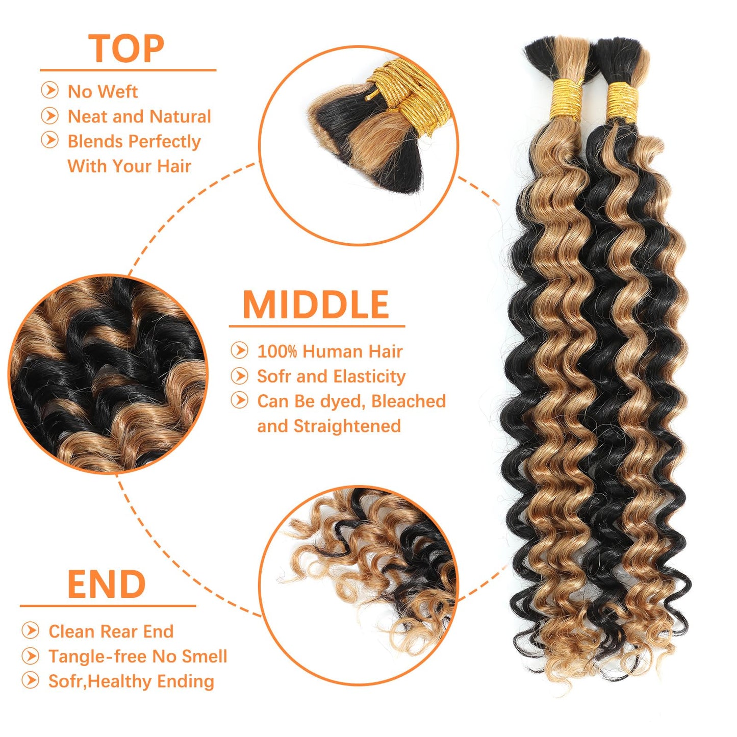 Human Braiding Hair Bulk Human Hair for Braiding No Weft Curly Braiding Hair 2 Bundle 100G Deep Wave Human Braiding Hair for Boho Braids Blonde Highlight Human Hair Braiding Hair,24inch P1b/27#