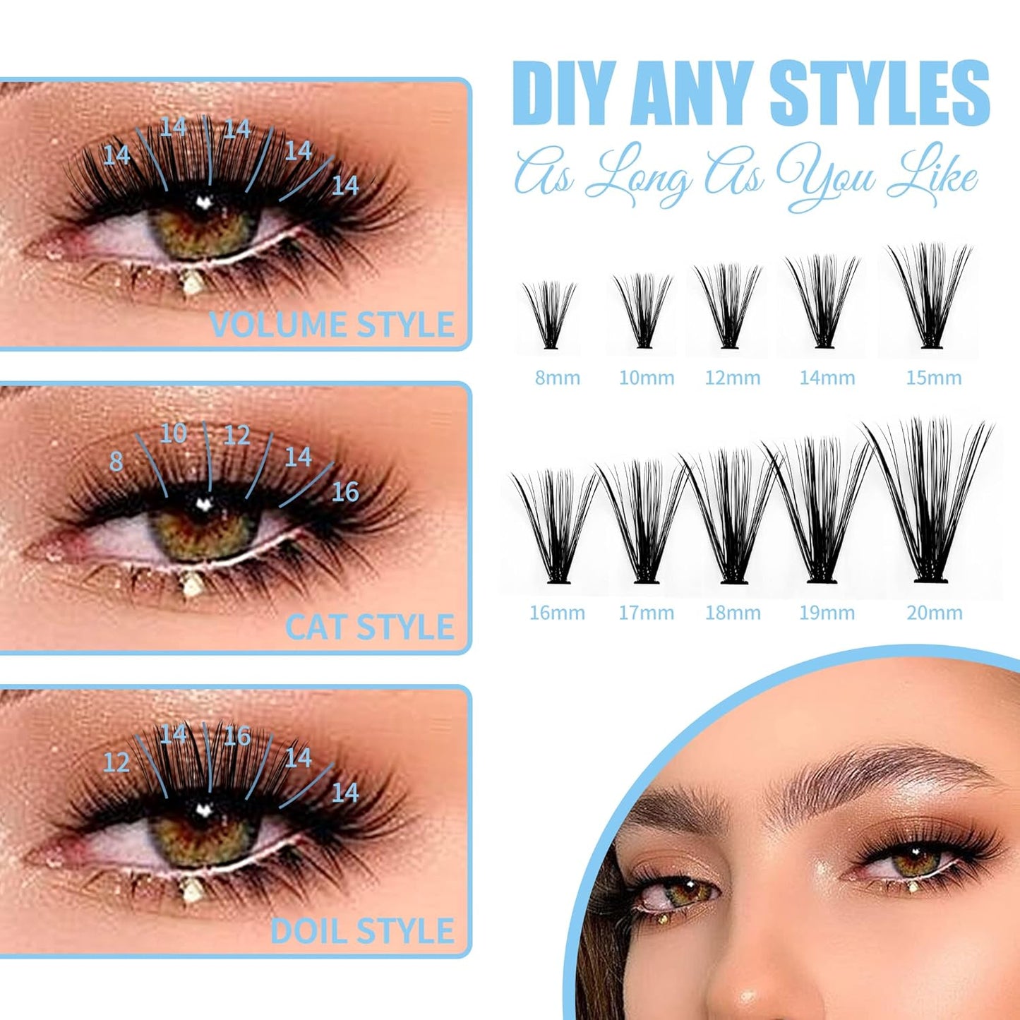 Lash Clusters 240pcs GEMERRY Individual Lashes 0.07mm 20P+30P D Curl Mix 8-16mm Cluster Lashes Natural Soft Mixed Tray Eyelash Clusters DIY Eyelash Extensions