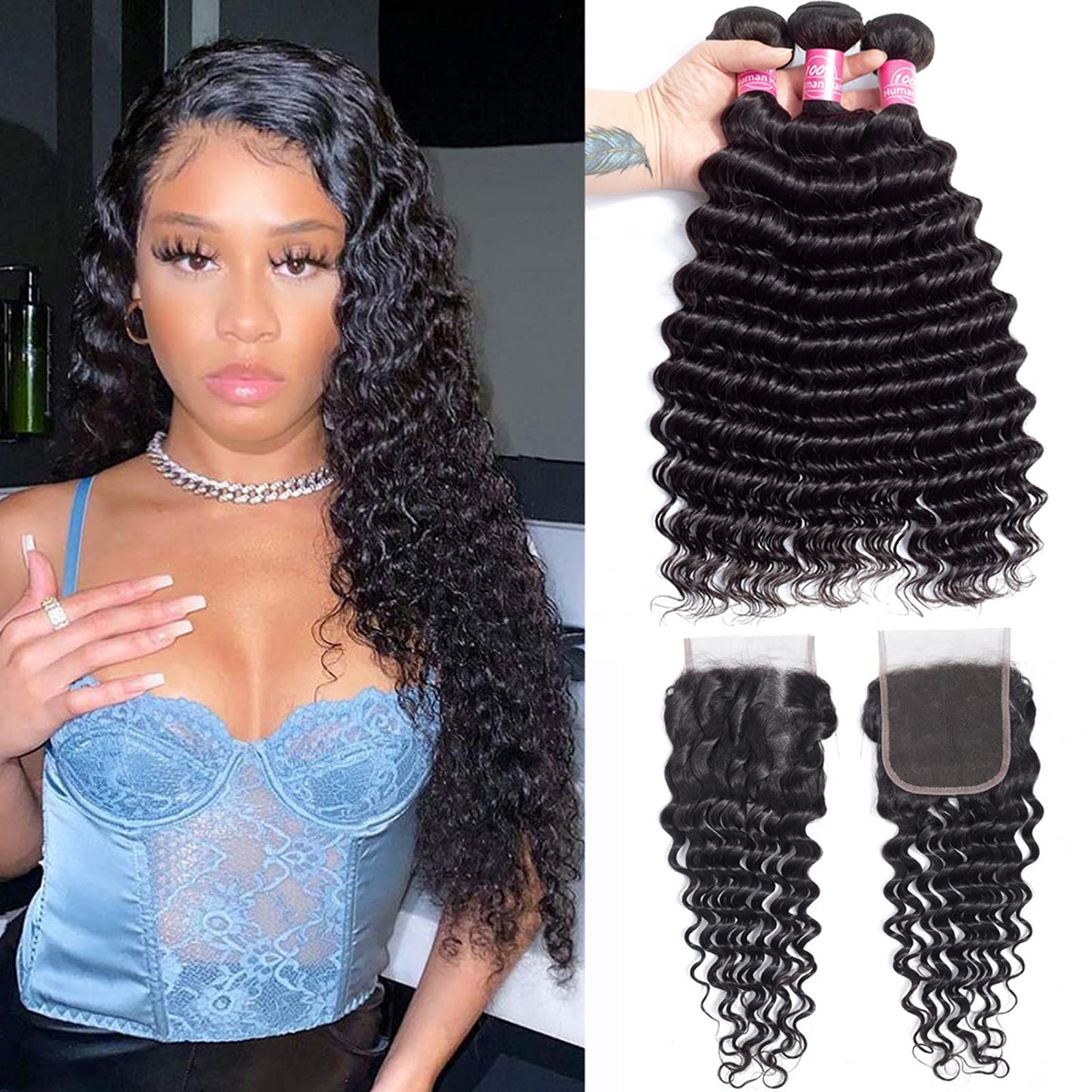 Deep Wave Bundles with Closure Brazilian 10A Human Hair Bundles(14 16 18+12 Closure)Deep Weave Curly Human Hair 3 Bundles with 4x4 Lace Closure Remy Unprocessed Virgin Human Hair Bundles Natural Color