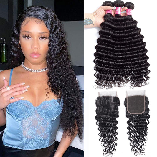 Deep Wave Bundles with Closure Brazilian 10A Human Hair Bundles(14 16 18+12 Closure)Deep Weave Curly Human Hair 3 Bundles with 4x4 Lace Closure Remy Unprocessed Virgin Human Hair Bundles Natural Color