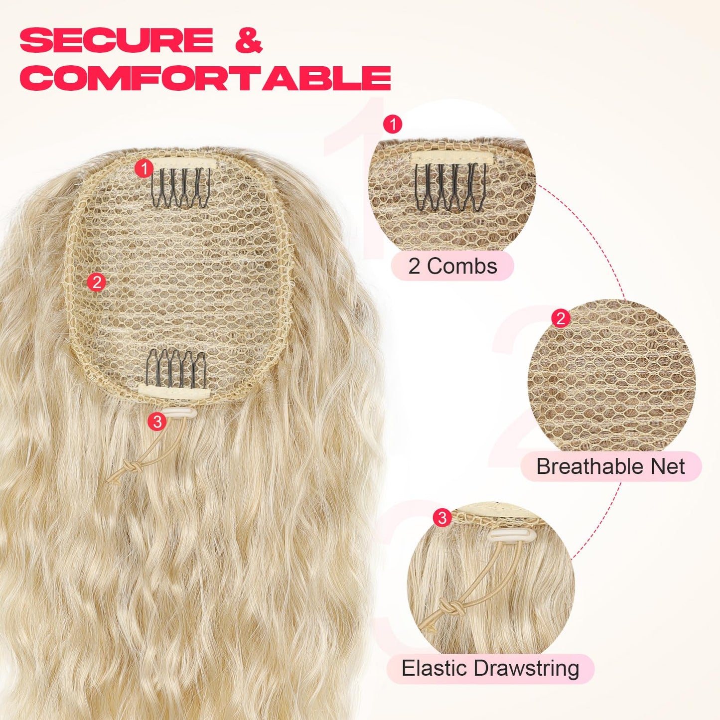 NTYNTY Ponytail Extension, 18" Super Lightweight Drawstring Ponytail Hair Extensions Natural Soft Synthetic Wavy Curly Pony Tail Hair Pieces for Women - Golden Blonde