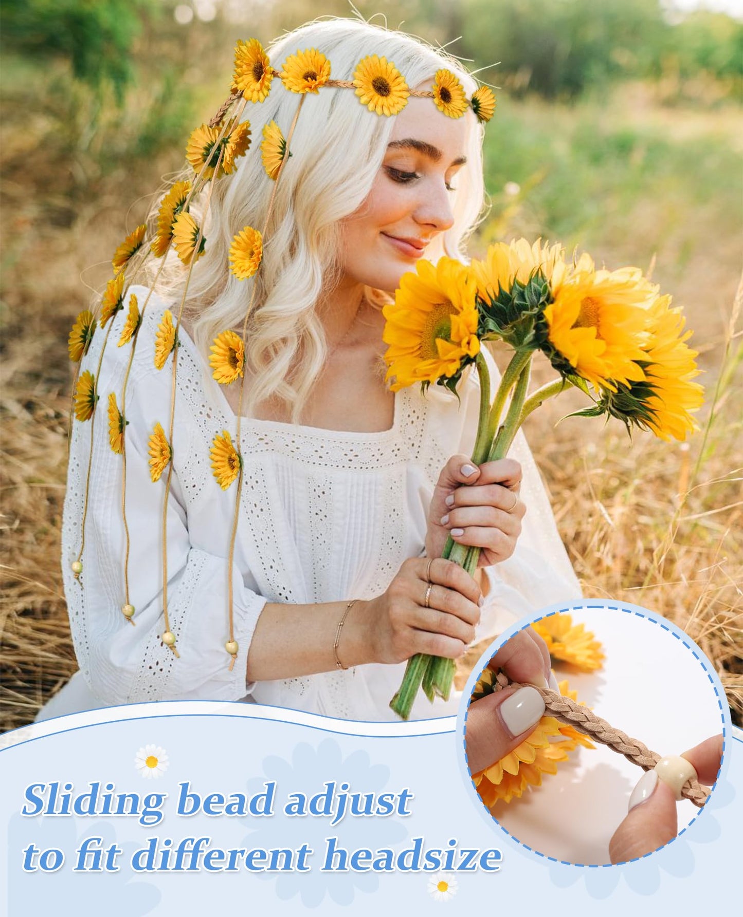 CHLINS Hippie Headband Flower Crown Bohemian Sunflower Headband Flower Headpiece Hippie Costume 60s 70s Outfits for Women (Yellow)