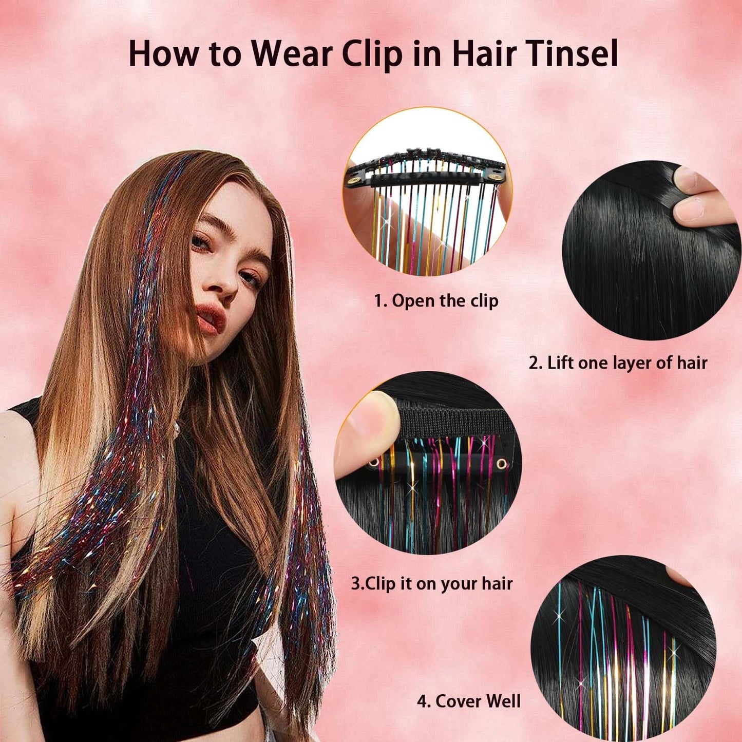 Hair Tinsel Clip in Tinsel Hair Extensions Purple Fairy Glitter Hair Tinsel Kit for Women Heat Resistant 21.5In 6Pcs Festival Hair Accessories for Party, Christmas, New Year, Halloween, Cosplay