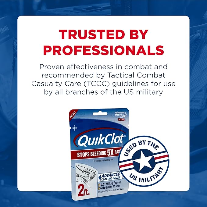 Adventure Medical Kits QuikClot Gauze - for Emergency Survival Kit, Doomsday Prepping Supplies & More - Stops Bleeding Fast with Kaolin - Flexible Hemostatic Medical Gauze - 3" x 24"