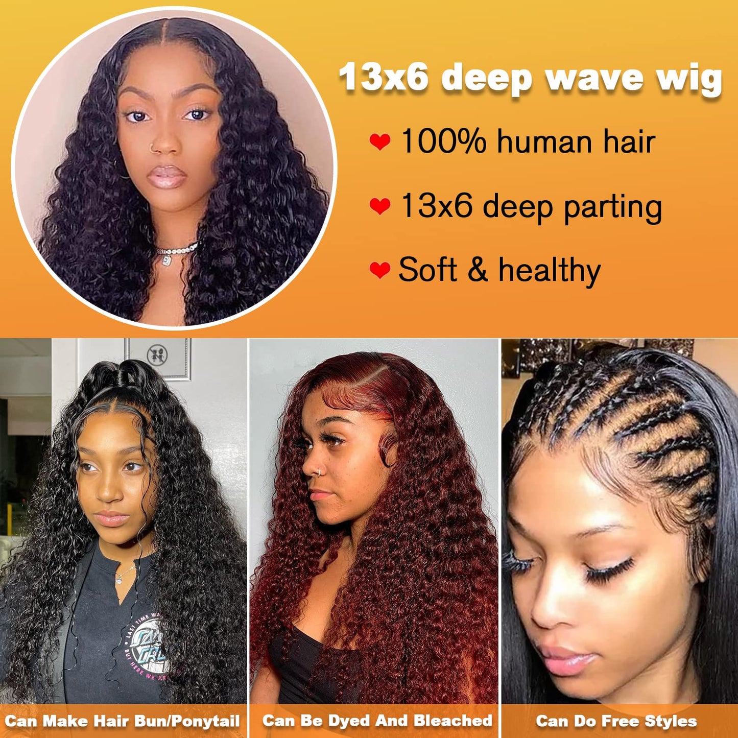 Deep Wave Lace Front Wigs Human Hair Wigs for Black Women 13x6 Glueless Lace Front Human Hair Wig Deep Curly Pre Plucked with Baby Hair 150% Density Brazilian Virgin Hair Natural Color (13x6-20)