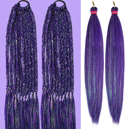 Dark Purple with Tinsel Braiding Hair Pre Stretched 2 Packs 26 Inches Kanekalon Box Braids Hair Extensions Synthetic Pre Stretched Braiding Hair