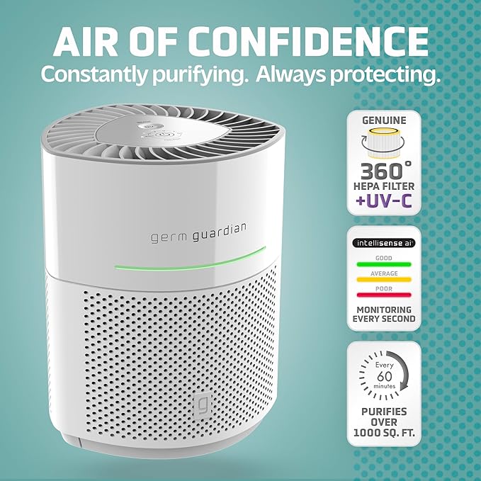 GermGuardian Airsafe+ Intelligent Air Purifier with UV-C Light, Air Quality Sensor, 360˚ HEPA Filter & Filter V HEPA Pure Genuine Air Purifier Replacement Filter, Removes 99.97% of Pollutants