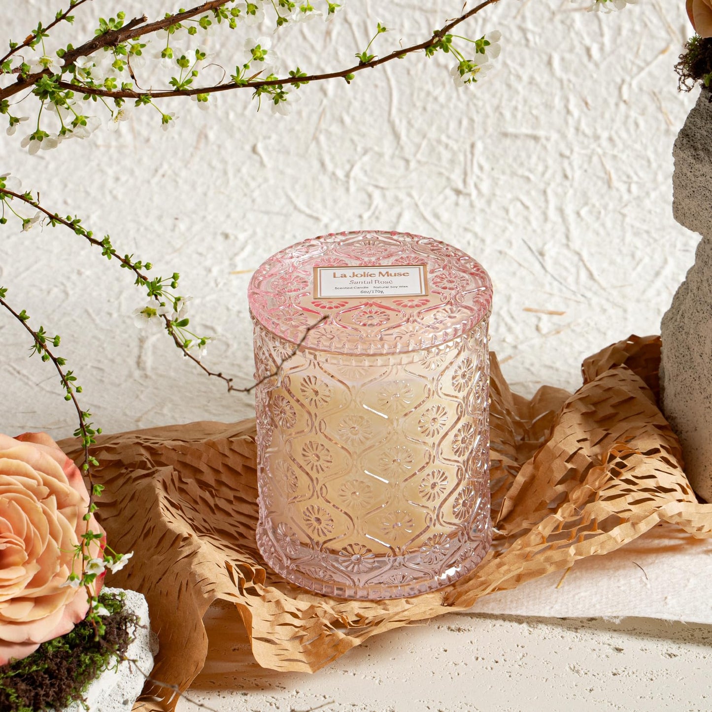 LA JOLIE MUSE Sandalwood Rose Candle, Scented Candles Gifts for Women, Natural Soy Candle, 6 oz 40 Hours Burn, Candles for Home Scented