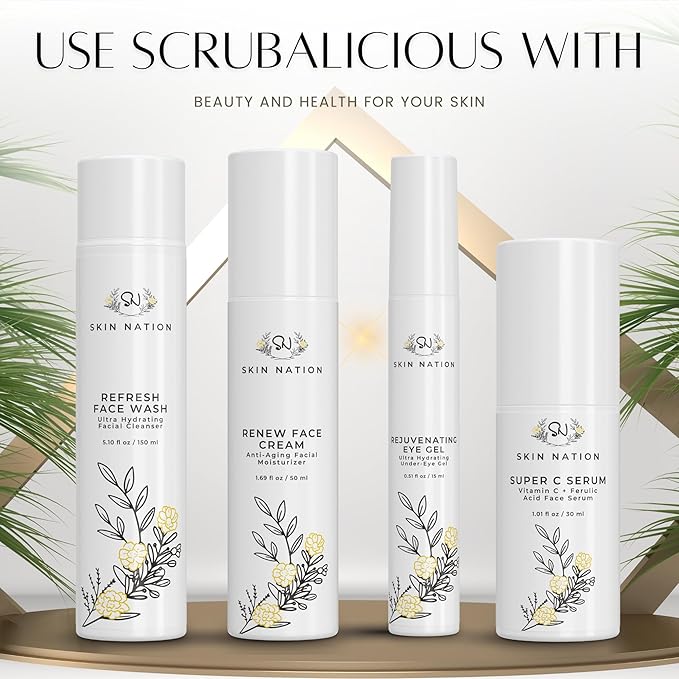 Skin Nation Scrubalicious Exfoliator, Gentle Face Scrub with Glycolic Acid, Jojoba Beads, Aloe Vera, Smooths Rough Skin, Hydrating Cleanser for Oily and Sensitive Skin, 4 oz