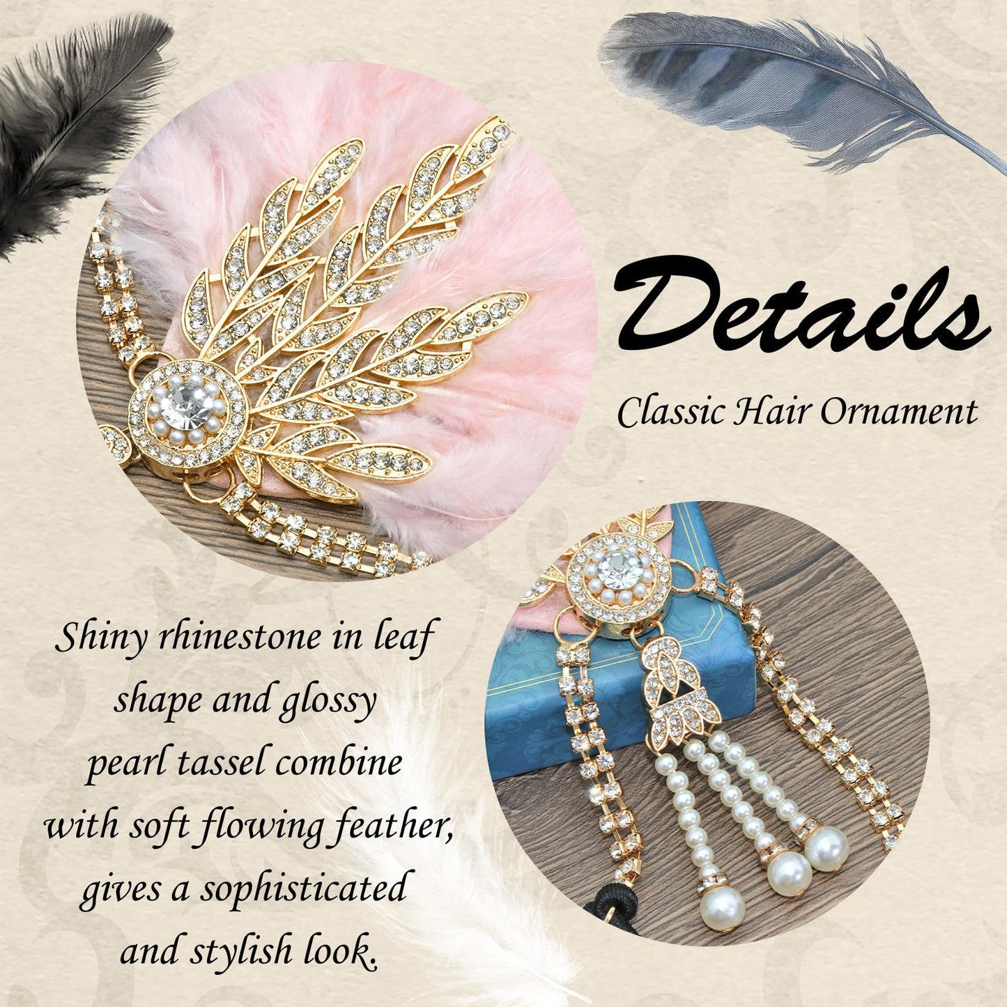 VENOFEN 1920s Flapper Headpiece Pink Feather Gatsby Headband Great Gatsby Headpiece Roaring 20s Feather Headpiece Pearl Tassel 20s Accessories for Women and Girls