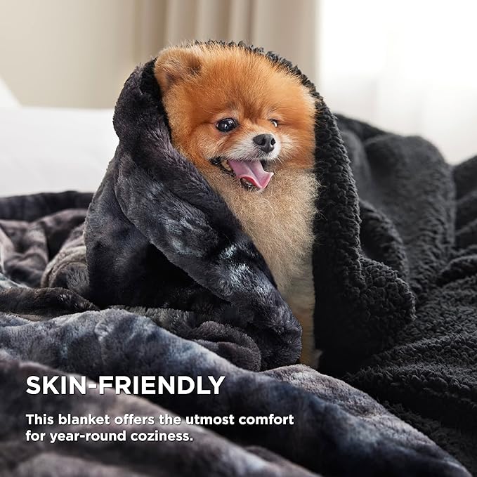 Bedsure Sherpa Blanket King Size - Soft, Fuzzy & Fluffy Faux Fur - Warm, Cozy Blanket for Couch, Sofa and Bed, Tie Dye Design, Black, 108x90 Inches