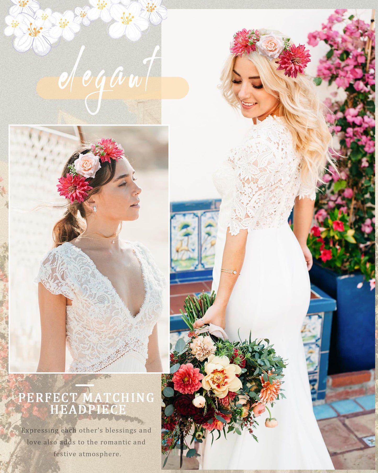 CHLINS Flower Crown Bridal Flower Headbands for Women Bohemian Floral Crown with Ribbon Hair Wreath Floral Headpiece for Wedding Birthday Party Fairy Crown (Champagne + Orange)