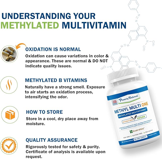 Power By Naturals Methyl Multi One – Iron-Free Methylated Multivitamin for Men & Women with B12 Methylcobalamin, P5P, Folate (5-MTHF), CoQ10 & Zinc for Energy & MTHFR Support, 60 Capsules (2-PK)