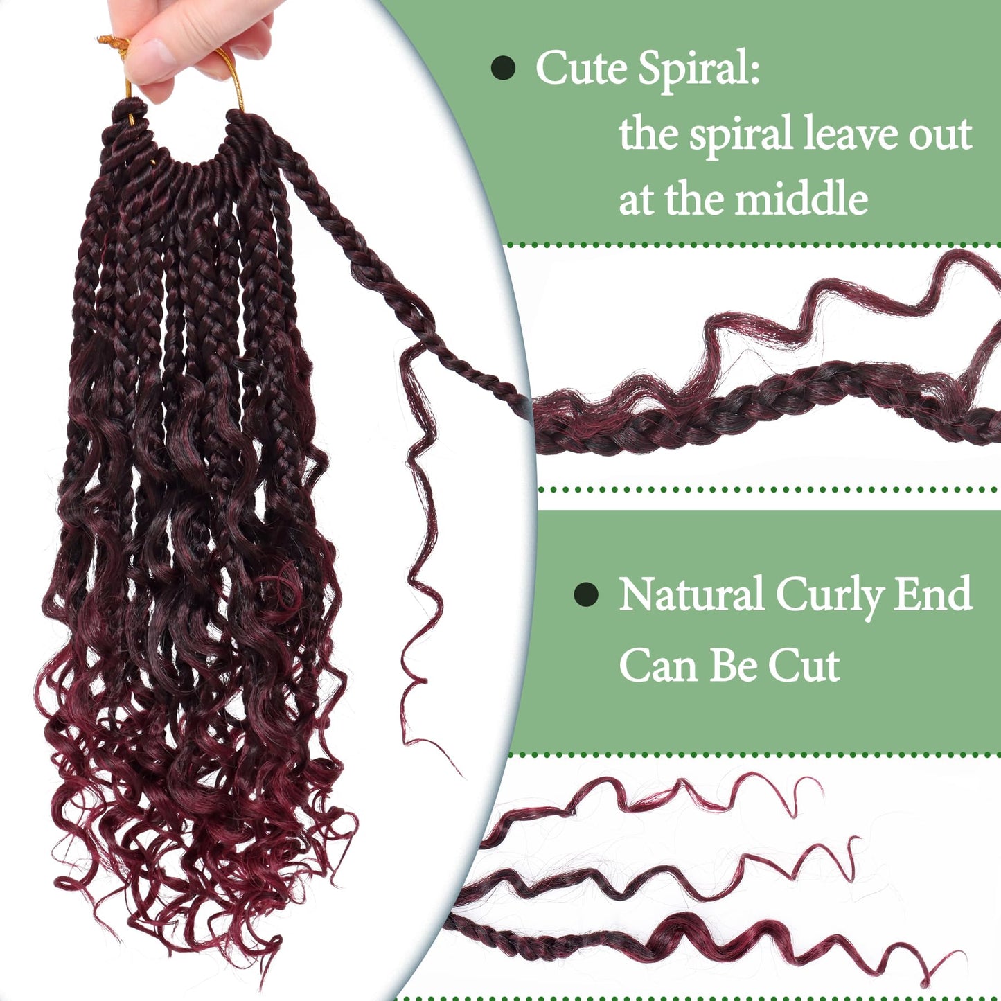 Goddess Box Braids Crochet Hair 10 Inch 8 Packs Pre-looped Bohemian Crochet Boho Box Braids With Curly Ends Red Burgundy 3X Crochet Braids Hair for Women Synthetic Braiding Hair (#1B/BUG)