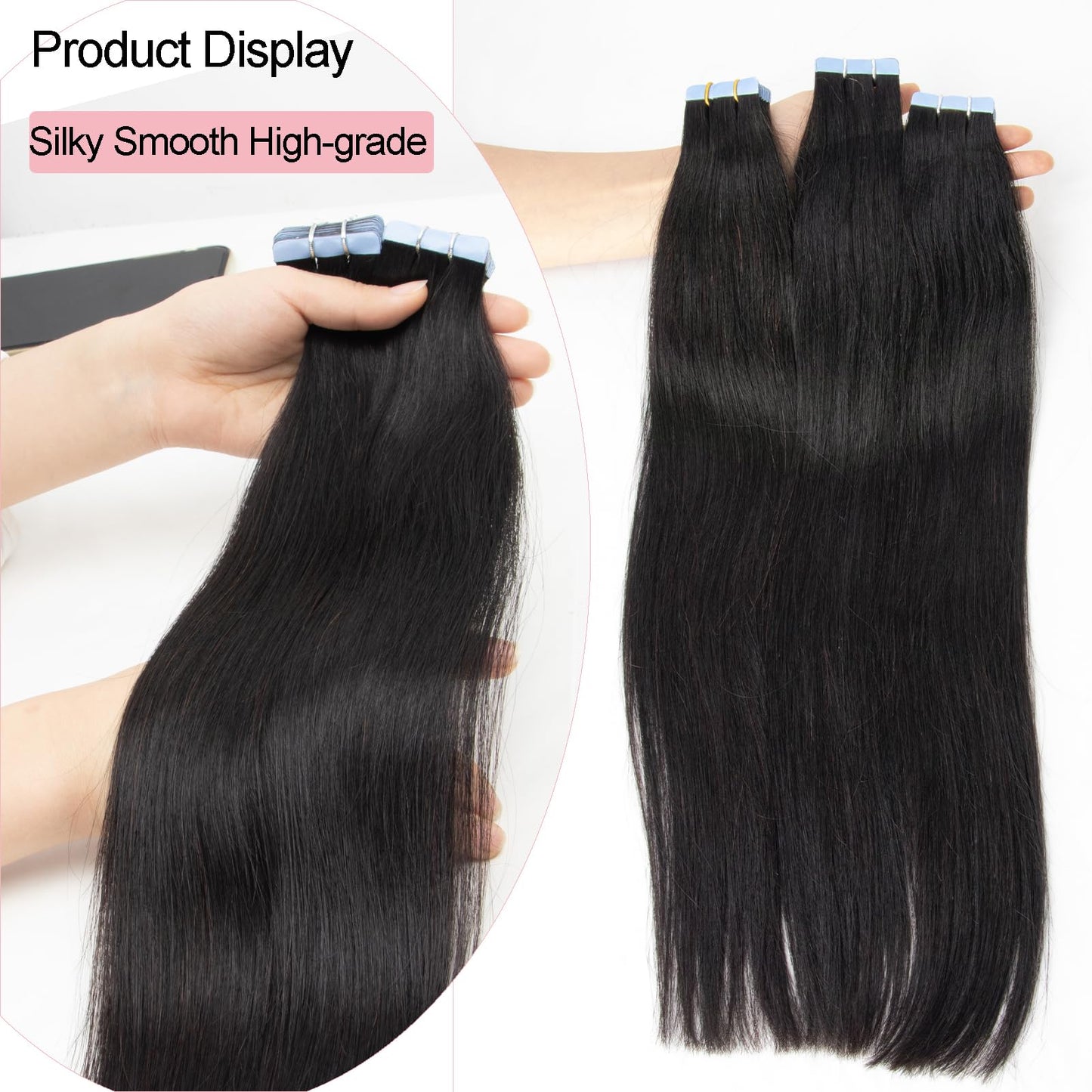 FEIPRO Silky Straight Tape ins Human Hair Girls Tape in Hair Extensions Human Hair Invisible Tape ins Seamless PU Skin Weft Soft Natural Black Long Hair Extension 24Inch 50g 20pcs/Pack
