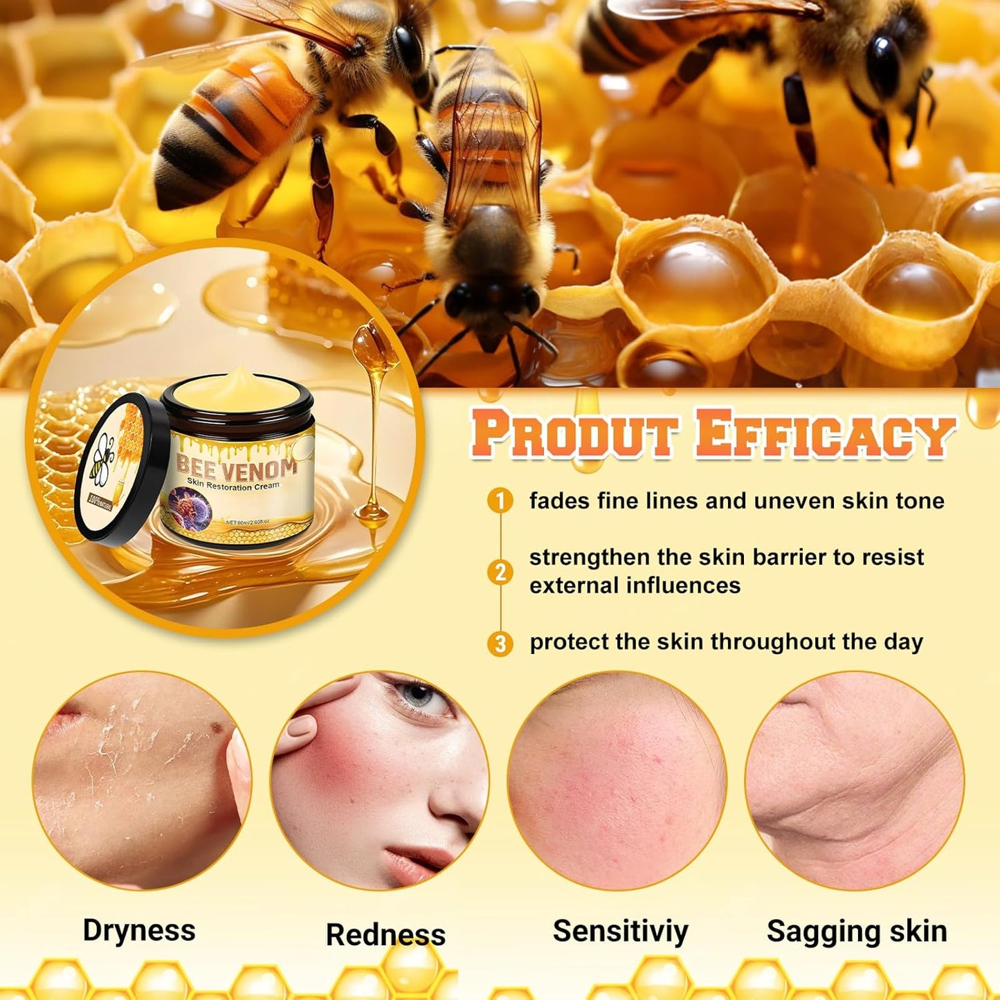 Bee Venom Skin Restoration Cream,Professional Bee Venom Skin Treatment Cream,Bee venom Comprehensive cream,Effectively Firms skin and Anti-Wrinkle Moisturizing (2Pcs)