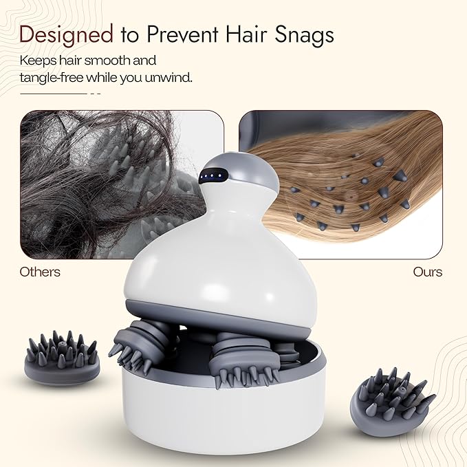 Electric Scalp Massager Hair Growth w/ 4 Massage Modes & Oil Compartment - Head Massager Scalp Stress Relax, Scalp Health - Removable Silicone Heads, Rechargeable, Pain Relief for Dry & Itchy Scalp