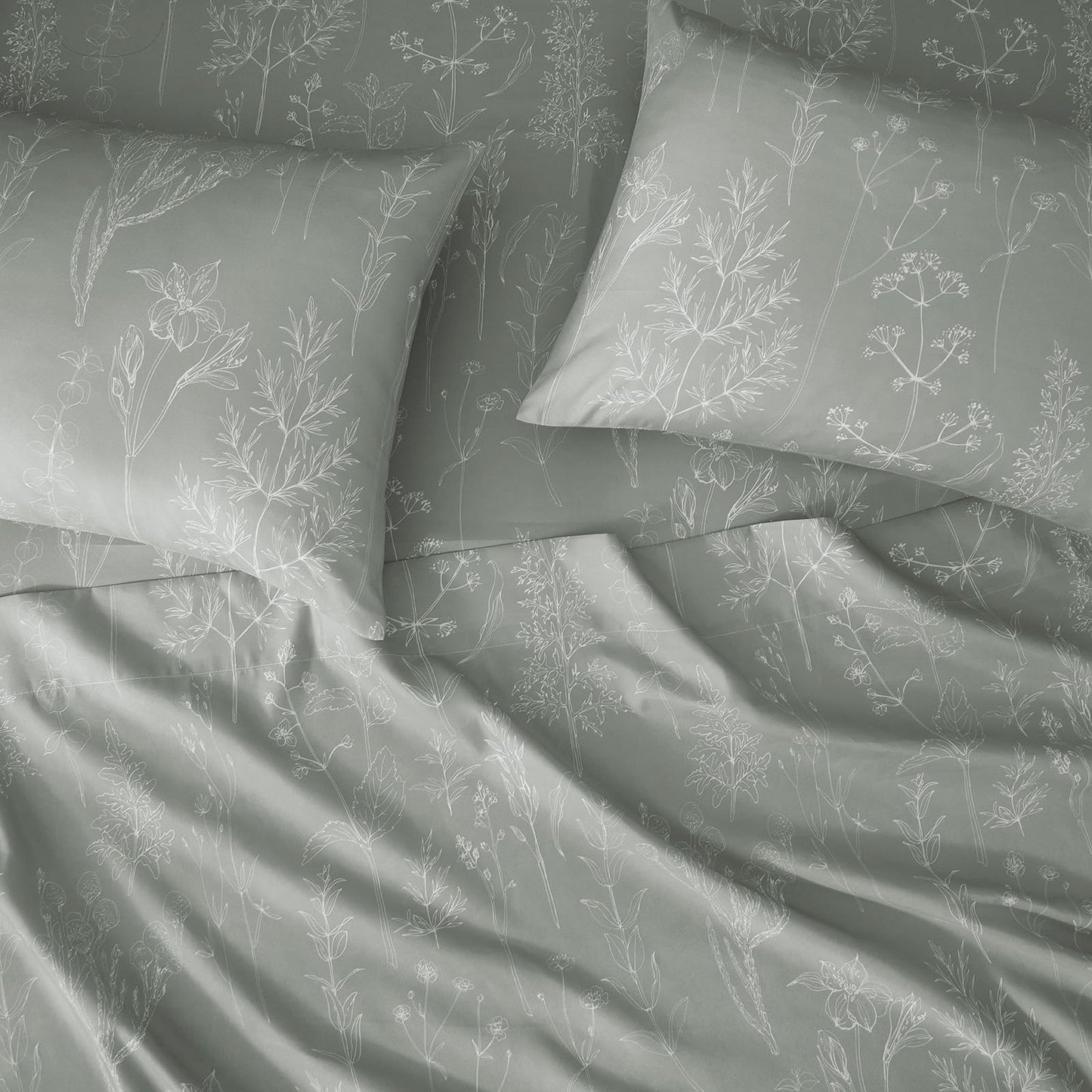 HYPREST Grey King Size Sheets, 18 Inch Deep Pocket King Sheets Botanical Pattern Sheet Luxury Rustic Soft Hotle Quality-1800 Threat Count