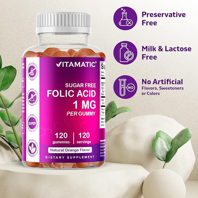 Vitamatic Folic Acid Gummies 1000 mcg (1 mg) - an Essential Prenatal Vitamins for Mom & Baby - Vitamin B9-120 Vegan Gummies (1)