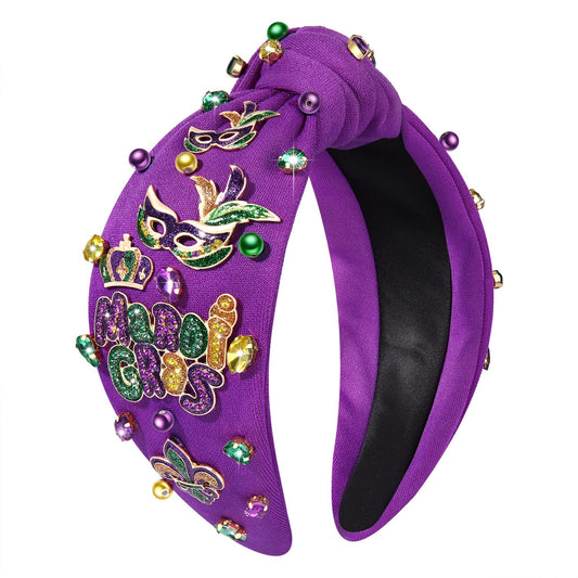 Mardi Gras Headband Accessories for Women Beaded NOLA Fleur De Lis Crown Mask Headband Jeweled Crystal Knotted Headband Fat Tuesday Carnival Parade Mardi Gras Hair Accessories Outfits (Mardi Gras 3)