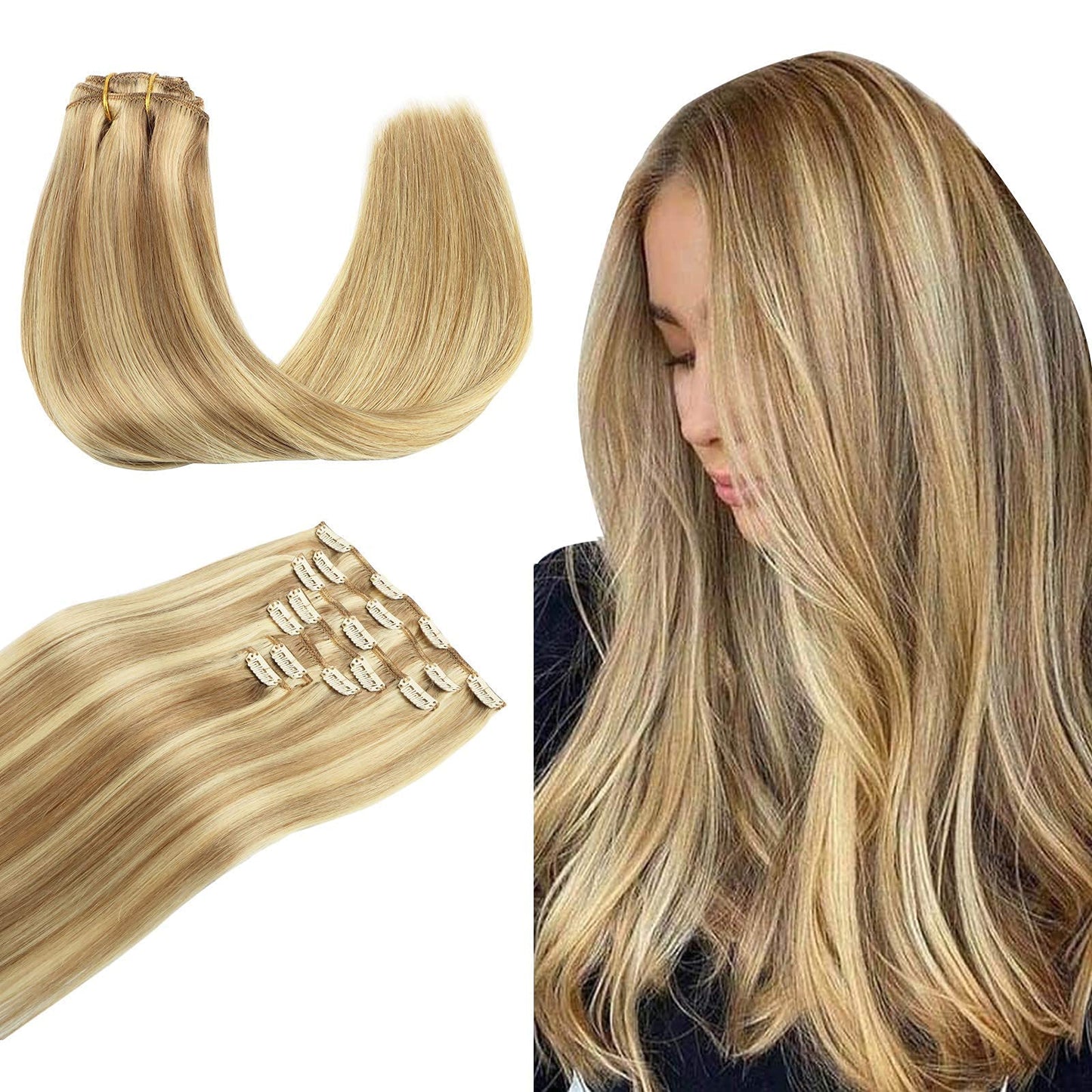 Wennalife Clip in Human Hair Extensions 14 Inch 120g 7pcs and 15mm Natural False Eyelashes 3D Mink Lashes