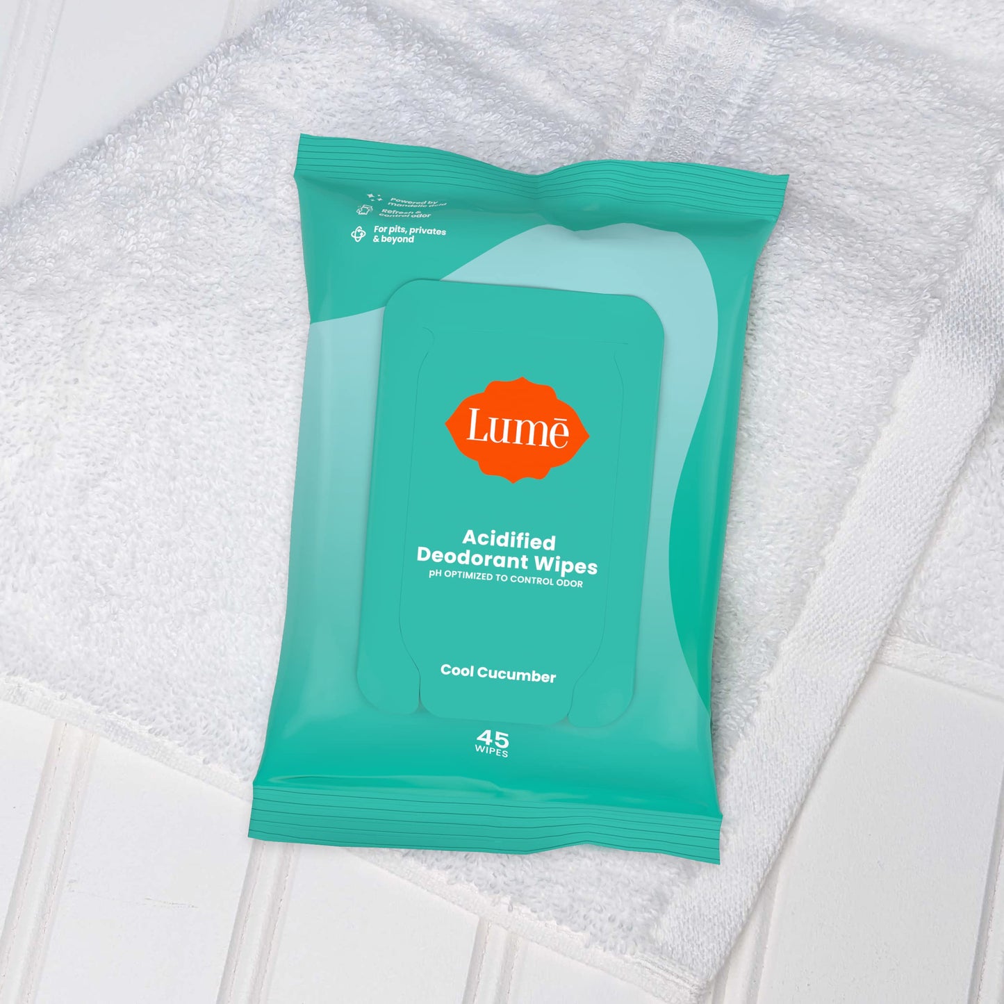 Lume Acidified Deodorant Wipes - 24 Hour Odor Control - Aluminum Free, Baking Soda Free, Skin Loving - 45 Count (Pack of 2) (Cool Cucumber)