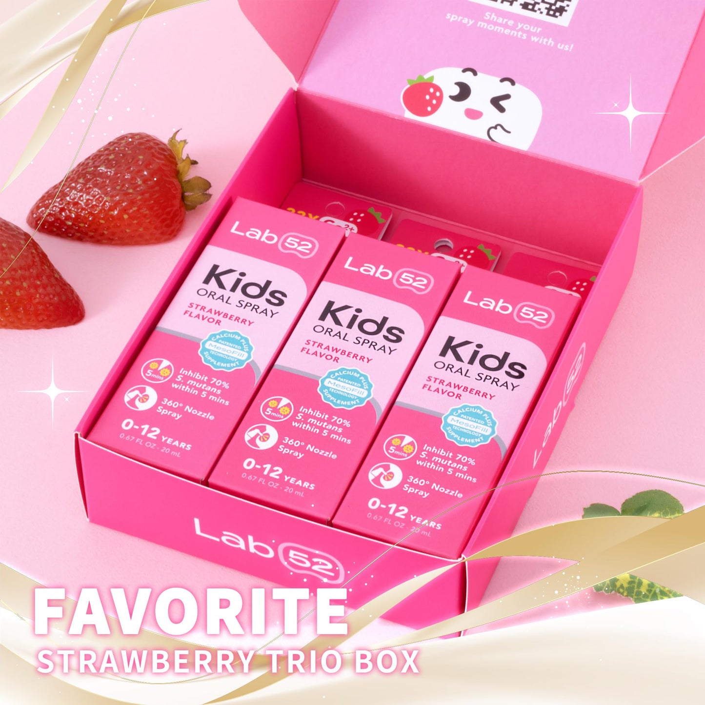 LAB52 Kids Oral Spray Gift Box, Toddler Toothpaste Helper for Cavity Repair and Fresh Breath, Children Anticavity with Fluoride Free for Newborn to Preschoolers, Xylitol Strawberry Flavor (3 Packs)