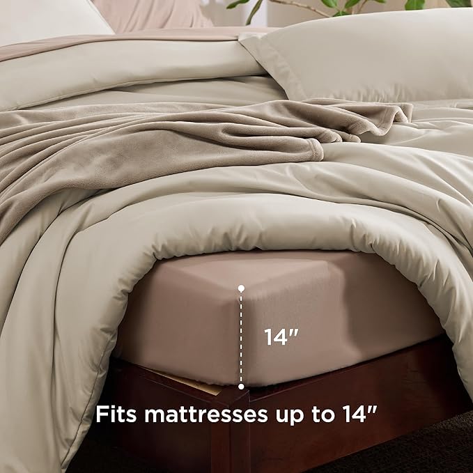 Bedsure Full Comforter Set Beige, 8 Pieces Prewashed Full Size Bed in a Bag with Soft Fleece Bed Blanket, Down Alternative Bedding Set for All Seasons, Sheets, Pillowcases & Shams