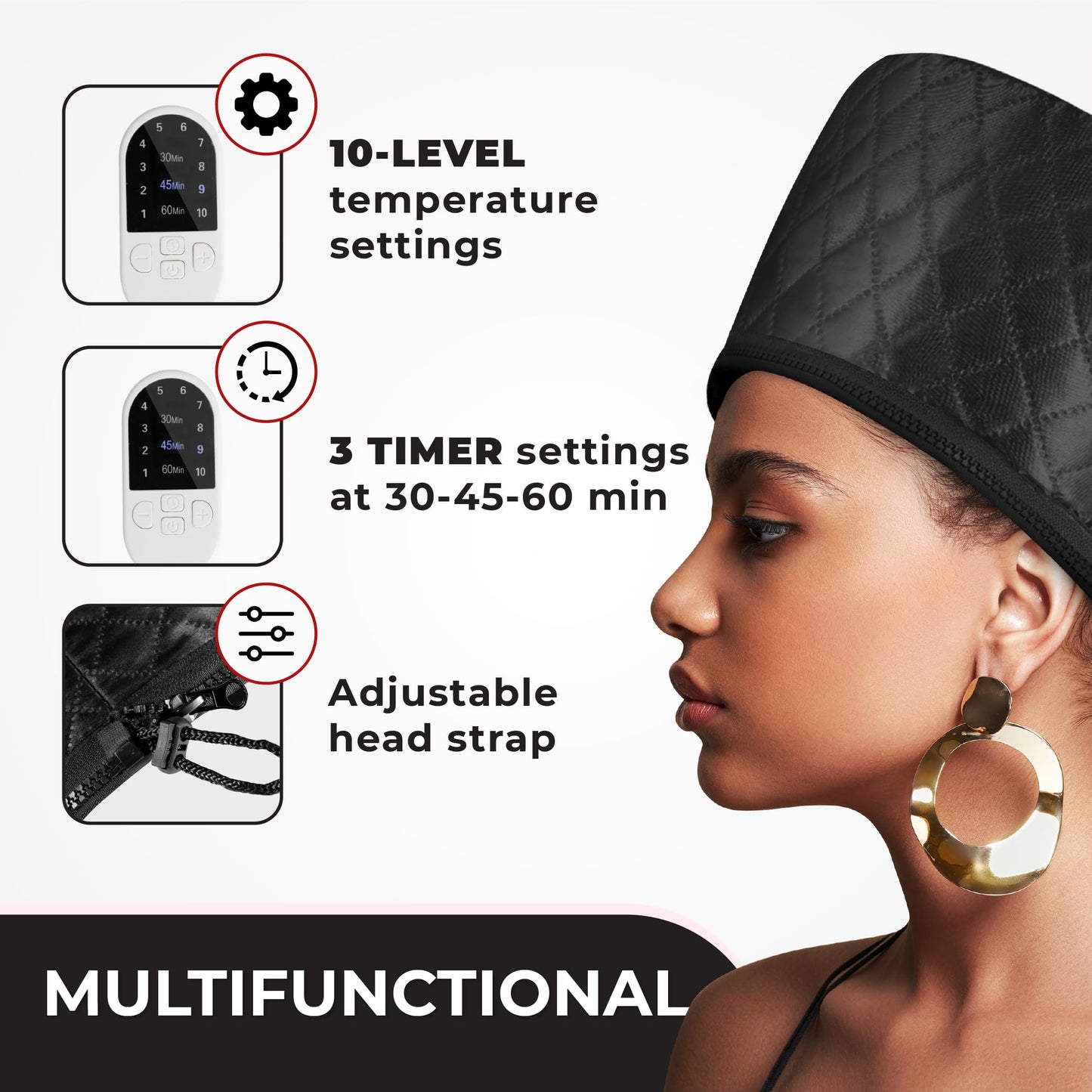 Hair Steamer For Natural Hair Home Use w/10-level Heats Up Quickly, Heat Cap For Deep Conditioning - Thermal Steam Cap For Black Hair, Great For Deep Conditioner - Set of 3