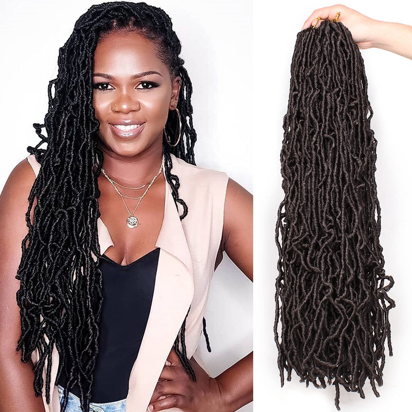 Leeven New Faux Locs Crochet Hair 24 Inch Distressed Soft Locs 3 Packs Chocolate Brown Natural Butterfly Locs Boho Goddess Crochet Locs Pre Looped Curly Synthetic Hair for Black Women #4