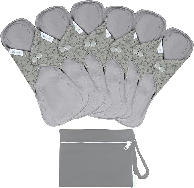wegreeco 6 Pcs Reusable Menstrual Pads, Ultra Absorbent Cloth Pads for Heavy Flow, Sanitary for Teens, Women, Nonslip, Grey Inner, Grey Outer, Medium