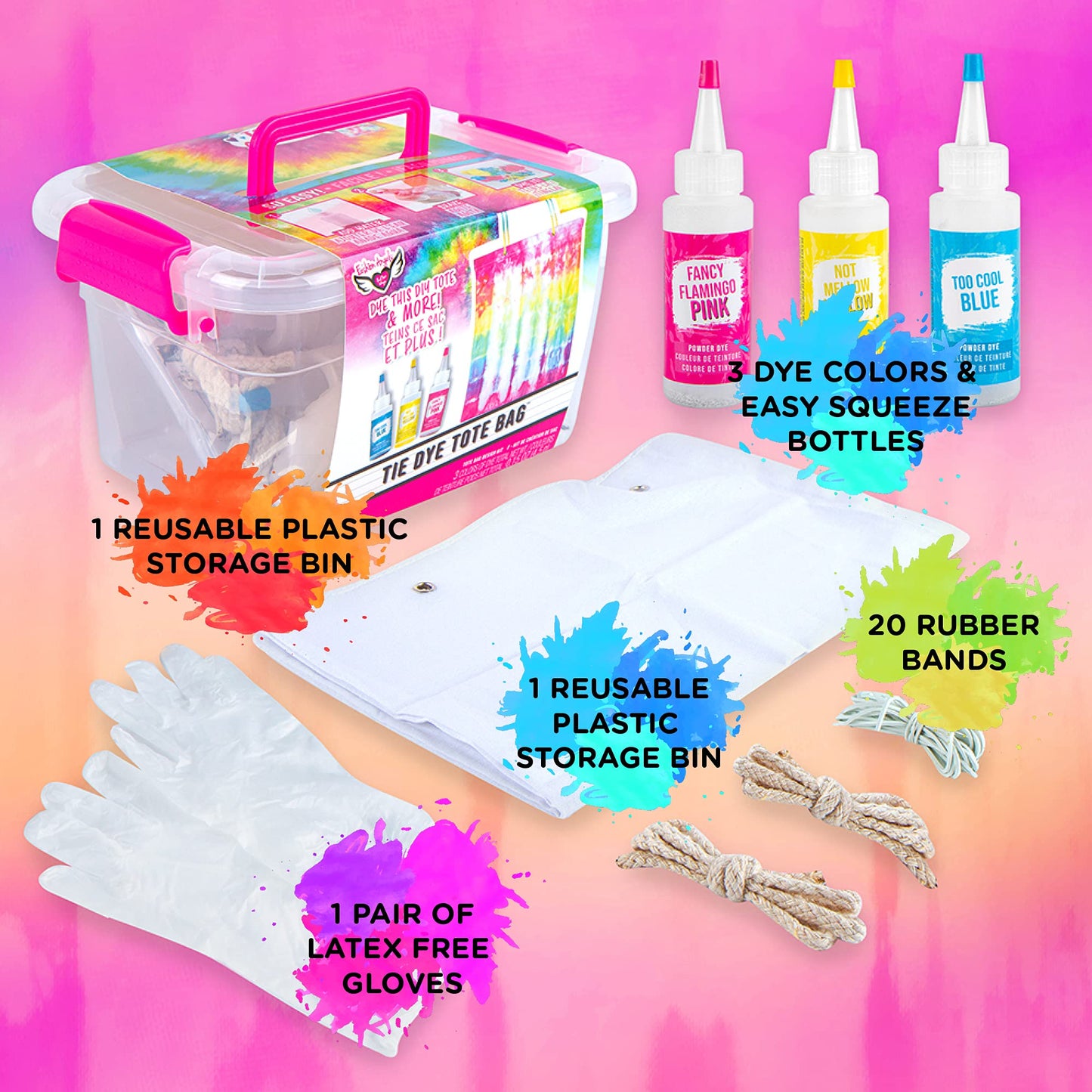 Fashion Angels Tie Dye Kit- Tote Bag Tie Dye Set (12639), Includes Storage Bin, Non Toxic Dyes, Complete Set with Tote Bag, Gloves, Elastic Bands, and Storage Bin, for Kids Ages 8 and Up