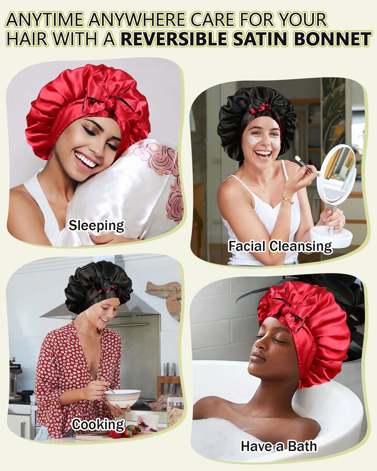 Satin Bonnet Silk Hair Bonnets for Women Curly Hair Wrap for Sleeping Cap Reversible Bonnet with Tie Band Night Cap Double Layer Sleep Cap for Curly Hair (Black + Red)
