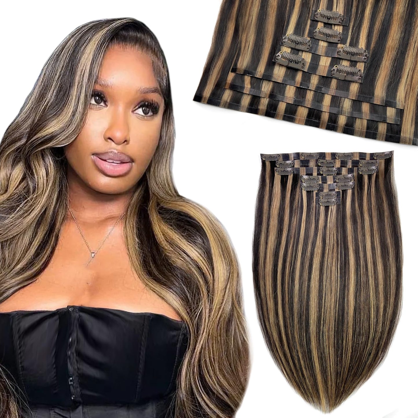 FBLhair 20 inch Seamless Clip in Hair Extensions Real Human Hair Extensions Clip ins #1b 27 Ombre Honey Blonde Clip in Hair Extensions 110g 7pcs Straight Hair Clip in Extensions for Women