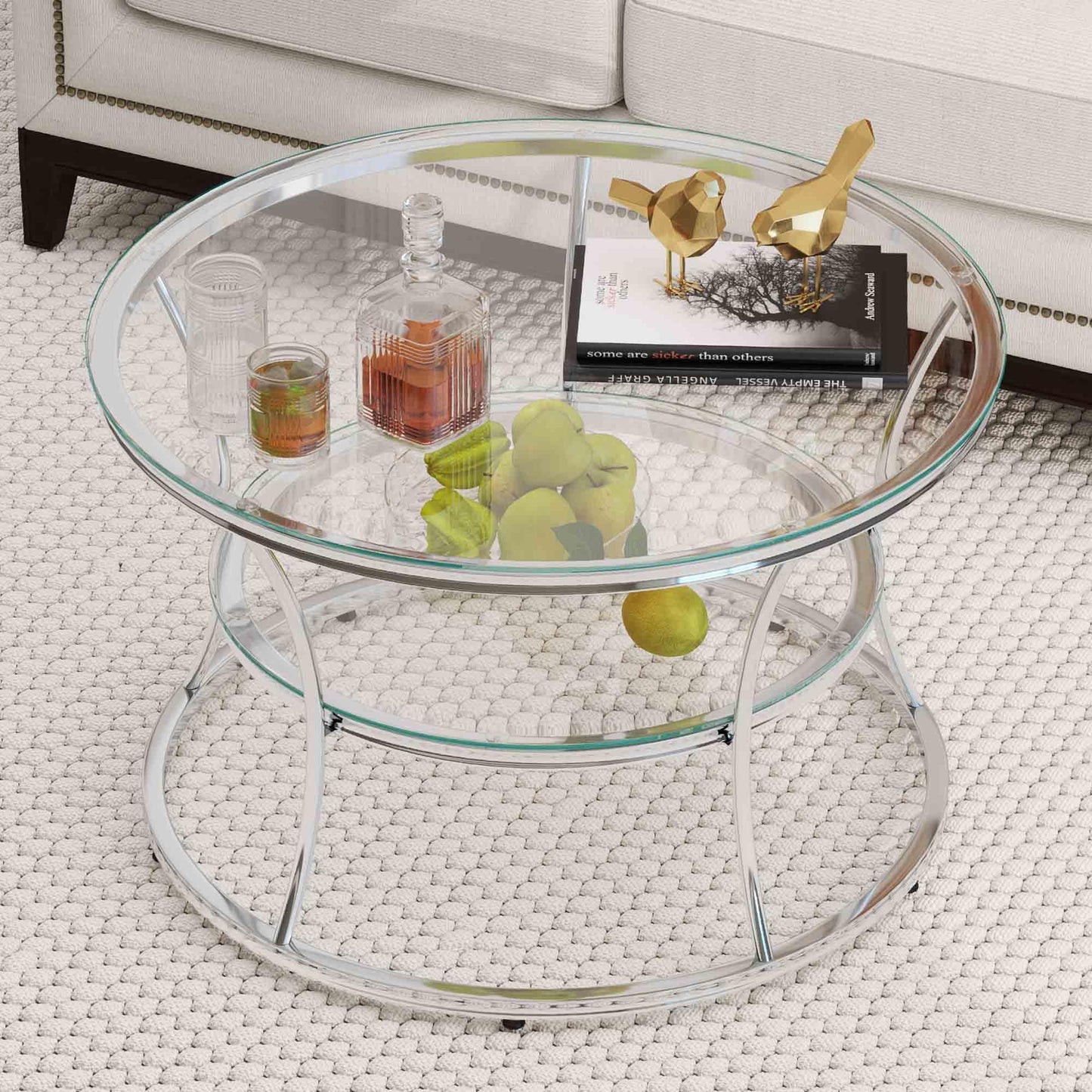 O&K FURNITURE Glass Coffee Table, 2-Tier Modern Living Room Table with Shelf, Tempered Glass & Chrome Frame, Silver Center Table for Living Room & Office, Chrome Finish, 1 PC