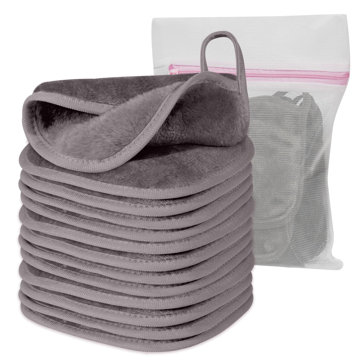 Natwag Makeup Remover Cloth, 6" x 6" Make Up Towels Reusable Face Cloth for Washing Face, Makeup Remover Pads Microfiber Face Washcloth with Mesh Bag, Just Water, 12 Pack, Cool Grey
