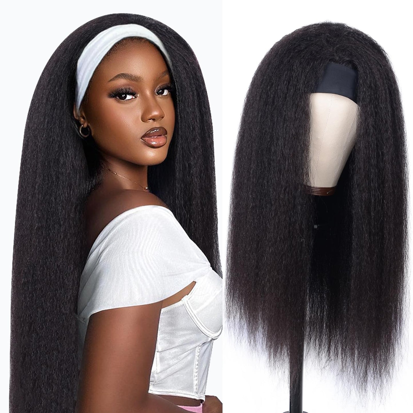 ME-U Headband Wig Human Hair Kinky Straight Guleless Wigs for Black Women Wear and Go 180% Density Yaki Straight Wig No Lace Natural Black Color 30 Inch